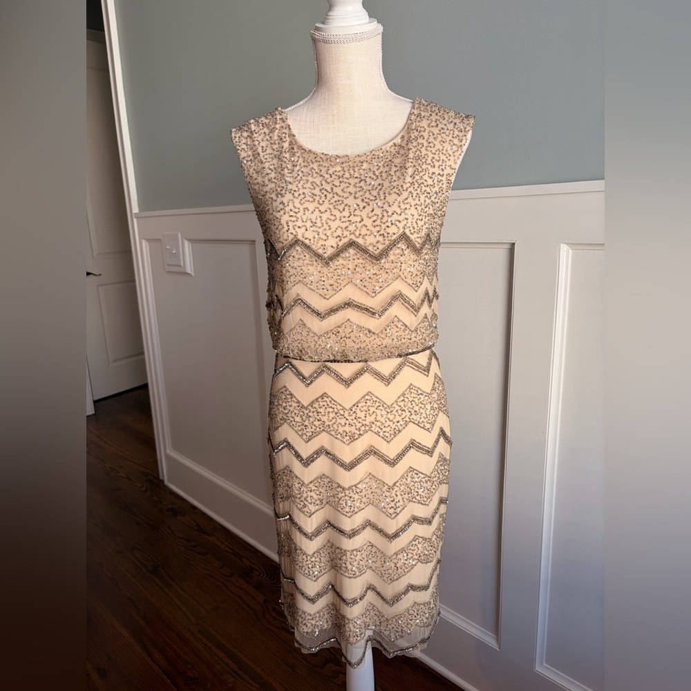 Adrianna Papell Beaded Champagne and Gold Chevron Sheath Dress